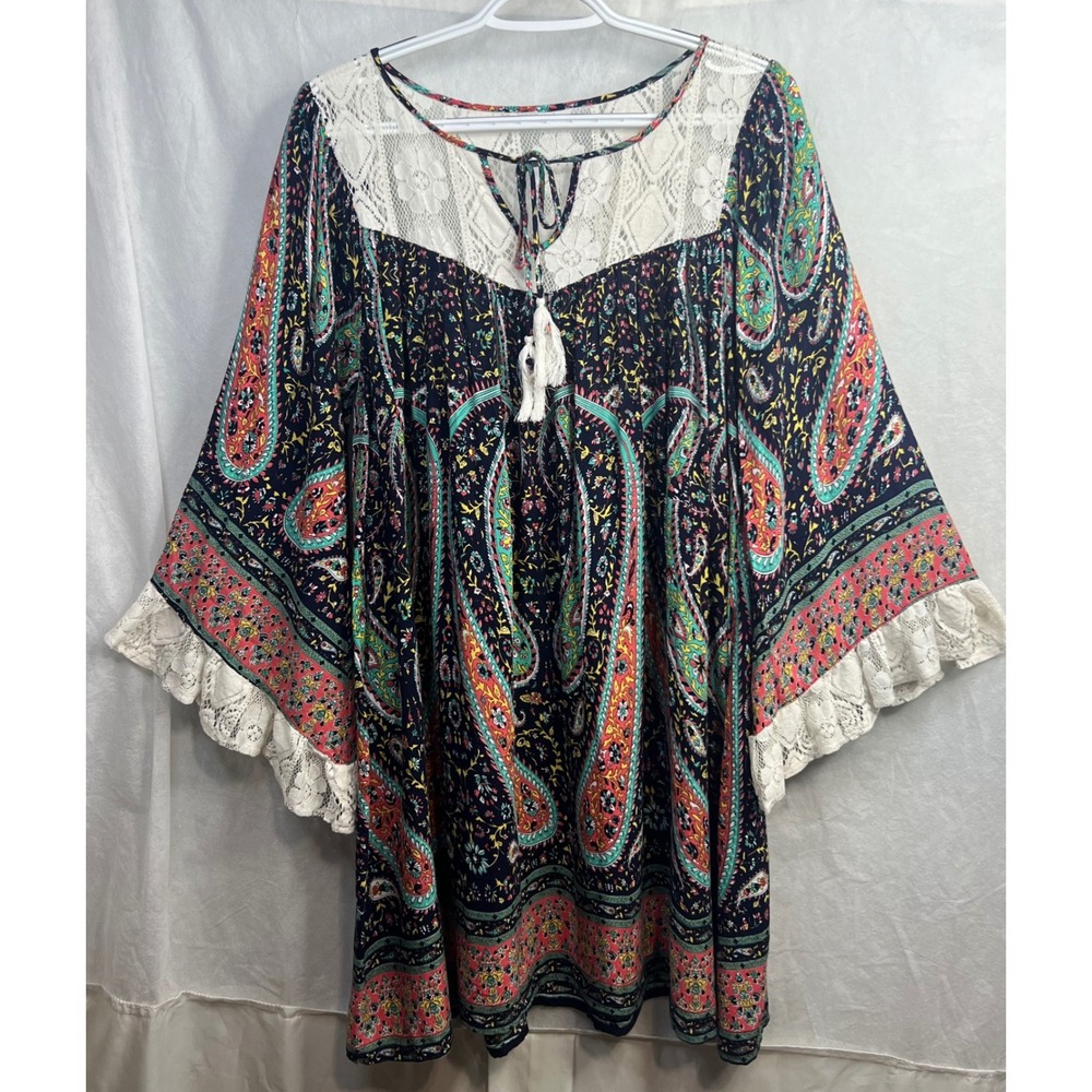 Entro Paisley Lace Yoke Tassel Tie Tunic Top Bell Sleeve Navy Multi Large D2535